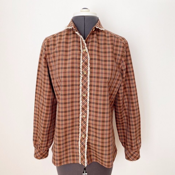 Vintage 70s Womens Shirt Top Plaid Lace Trim Button Up MJ Concepts in Sportwear - Picture 1 of 11